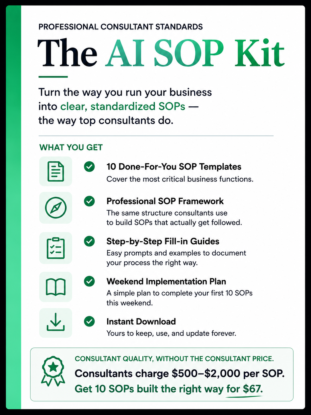 The AI SOP Kit — 10 done-for-you SOP templates, the professional SOP framework, step-by-step fill-in guides, and a weekend implementation plan.